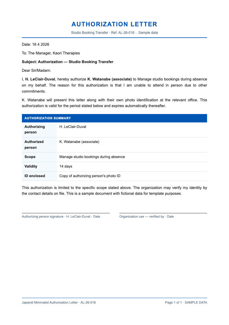 Japandi minimalist authorization letter